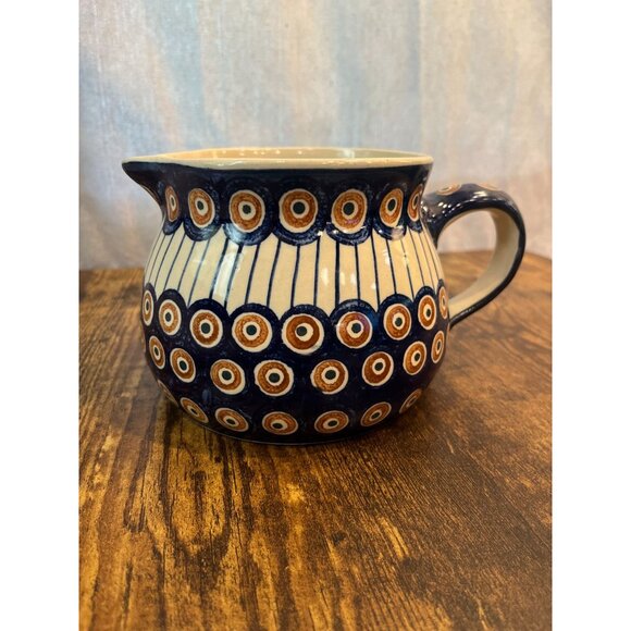 Vintage Boleslawiec Polish Stoneware Pitcher Peacock Eye Pattern Circa 1950s - 1 - Picture 6 of 12